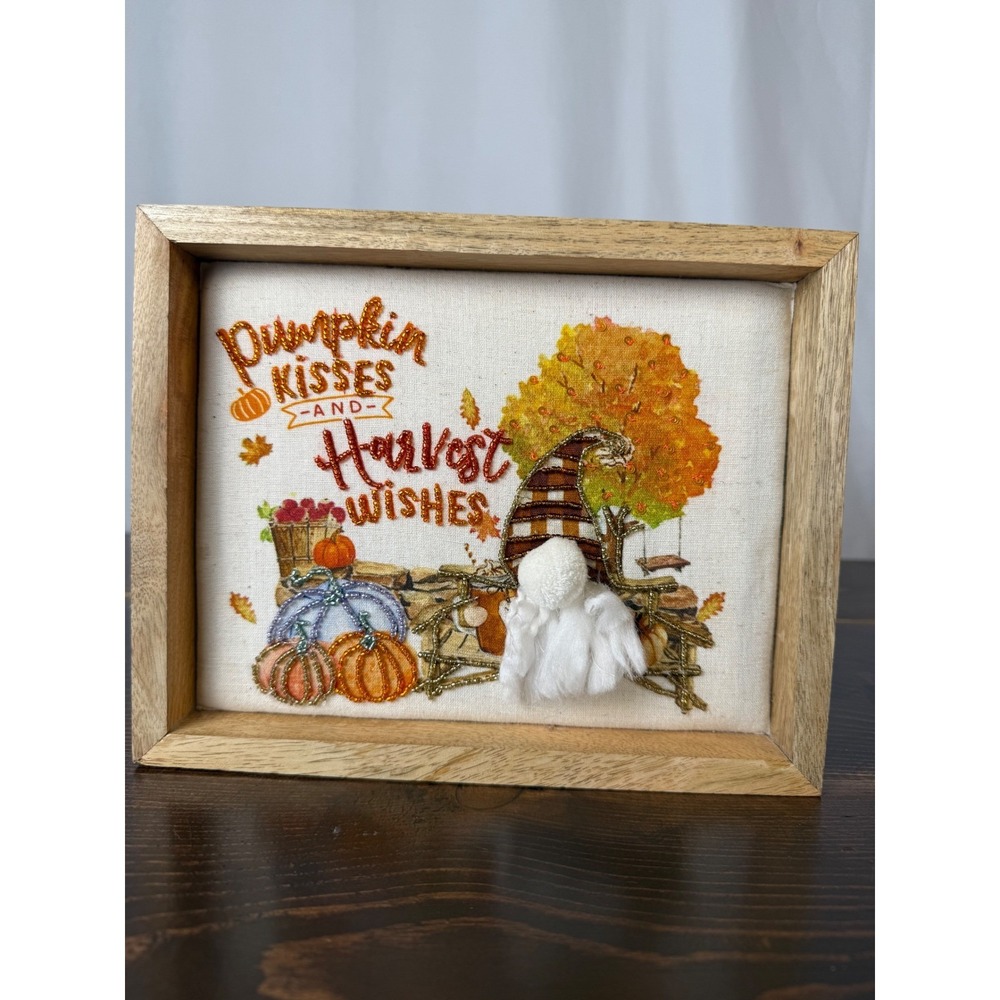 Fall‎ Harvest Needlepoint Sign Wood Framed Autumn Pumpkin Kisses Wishes Decor